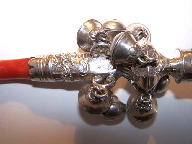 An exceptionally fine late 18th century Silver Child's Rattle with eight bells, a whistle and coral stem. — image 2